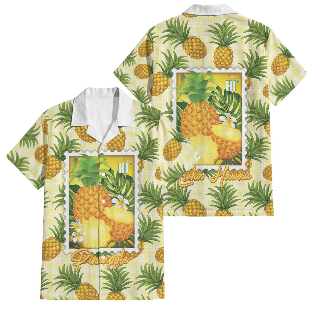 Aloha Hawaii Hala Kahiki Palaka Motifs Family Matching Off The Shoulder Long Sleeve Dress and Hawaiian Shirt Hawaiian Pineapple Stylized Stamp LT14 Dad's Shirt - Short Sleeve Yellow - Polynesian Pride