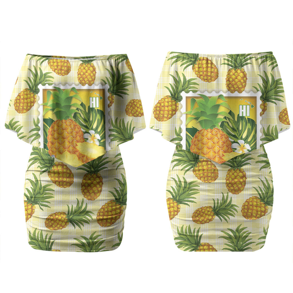 Aloha Hawaii Hala Kahiki Palaka Motifs Family Matching Off Shoulder Short Dress and Hawaiian Shirt Hawaiian Pineapple Stylized Stamp LT14 Mom's Dress Yellow - Polynesian Pride
