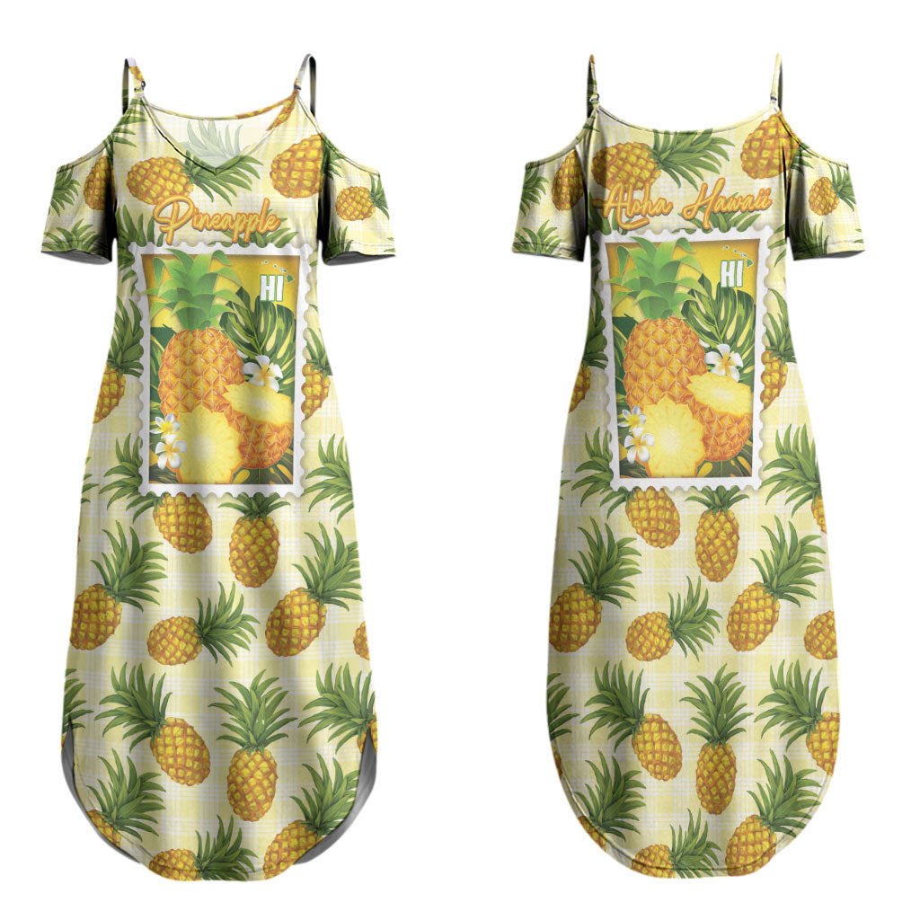 Aloha Hawaii Hala Kahiki Palaka Motifs Family Matching Summer Maxi Dress and Hawaiian Shirt Hawaiian Pineapple Stylized Stamp LT14 Mom's Dress Yellow - Polynesian Pride