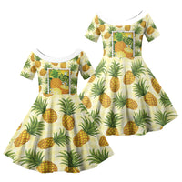 Aloha Hawaii Hala Kahiki Palaka Motifs Family Matching Summer Maxi Dress and Hawaiian Shirt Hawaiian Pineapple Stylized Stamp LT14 Daughter's Dress Yellow - Polynesian Pride