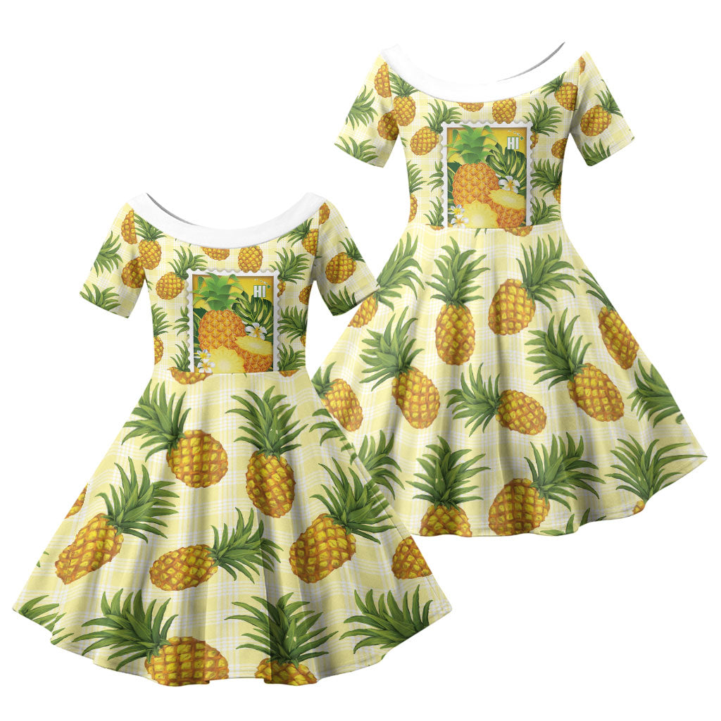 Aloha Hawaii Hala Kahiki Palaka Motifs Family Matching Tank Maxi Dress and Hawaiian Shirt Hawaiian Pineapple Stylized Stamp LT14 Daughter's Dress Yellow - Polynesian Pride