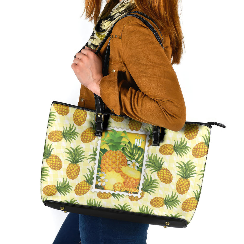 Aloha Hawaii Hala Kahiki Palaka Motifs Leather Tote Bag Hawaiian Pineapple Stylized Stamp