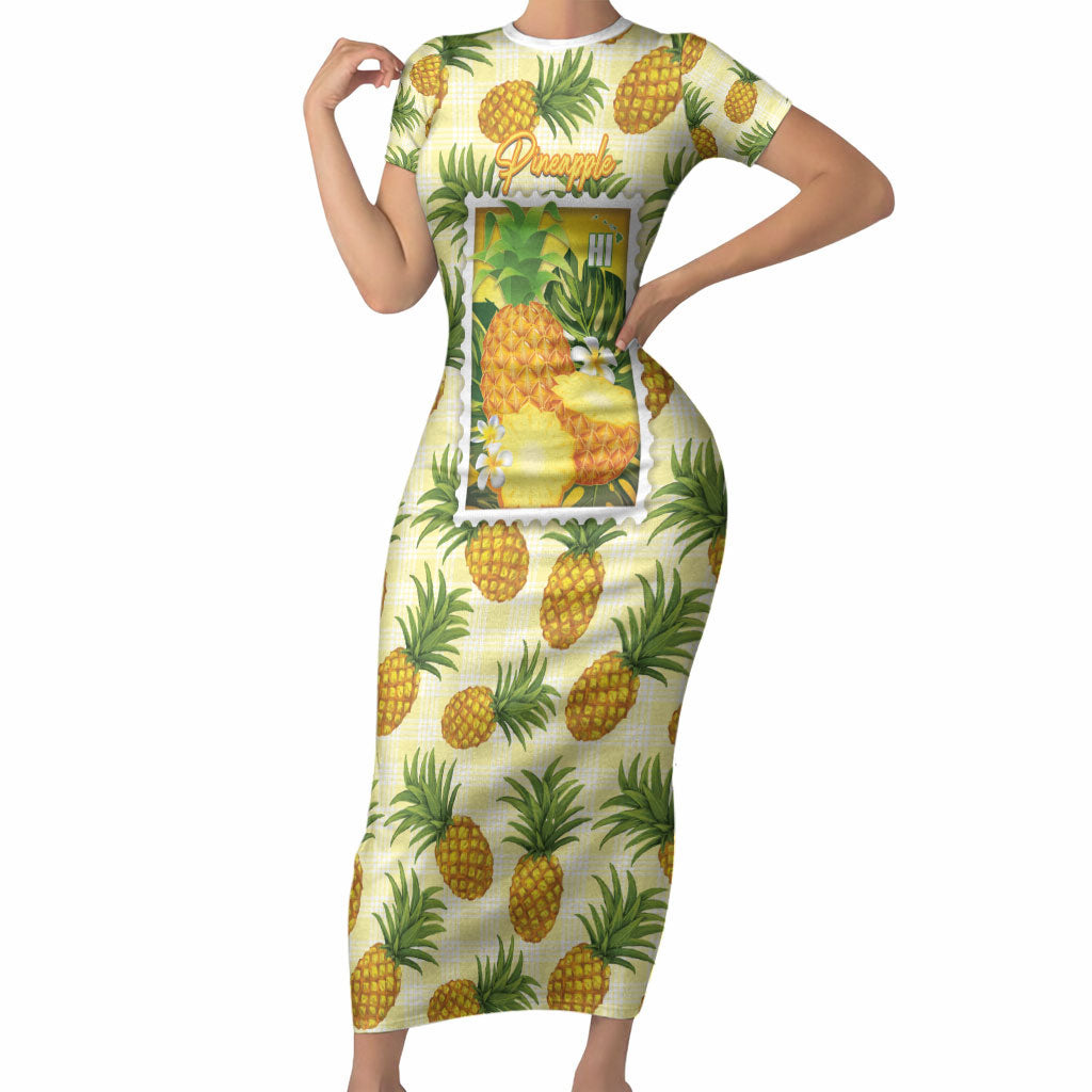 Aloha Hawaii Hala Kahiki Palaka Motifs Short Sleeve Bodycon Dress Hawaiian Pineapple Stylized Stamp