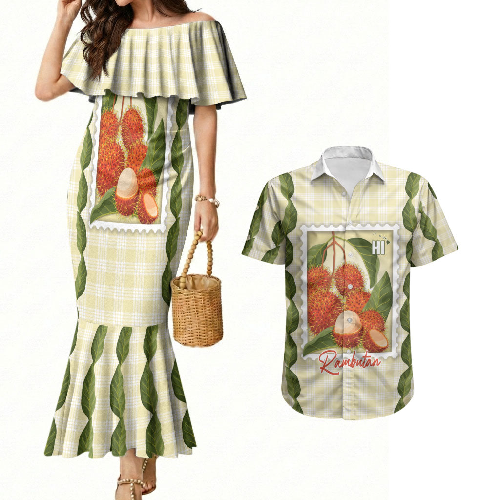 Aloha Hawaii Rambutan Palaka Motifs Couples Matching Mermaid Dress and Hawaiian Shirt Hawaiian Fruit Stylized Stamp LT14 Yellow - Polynesian Pride