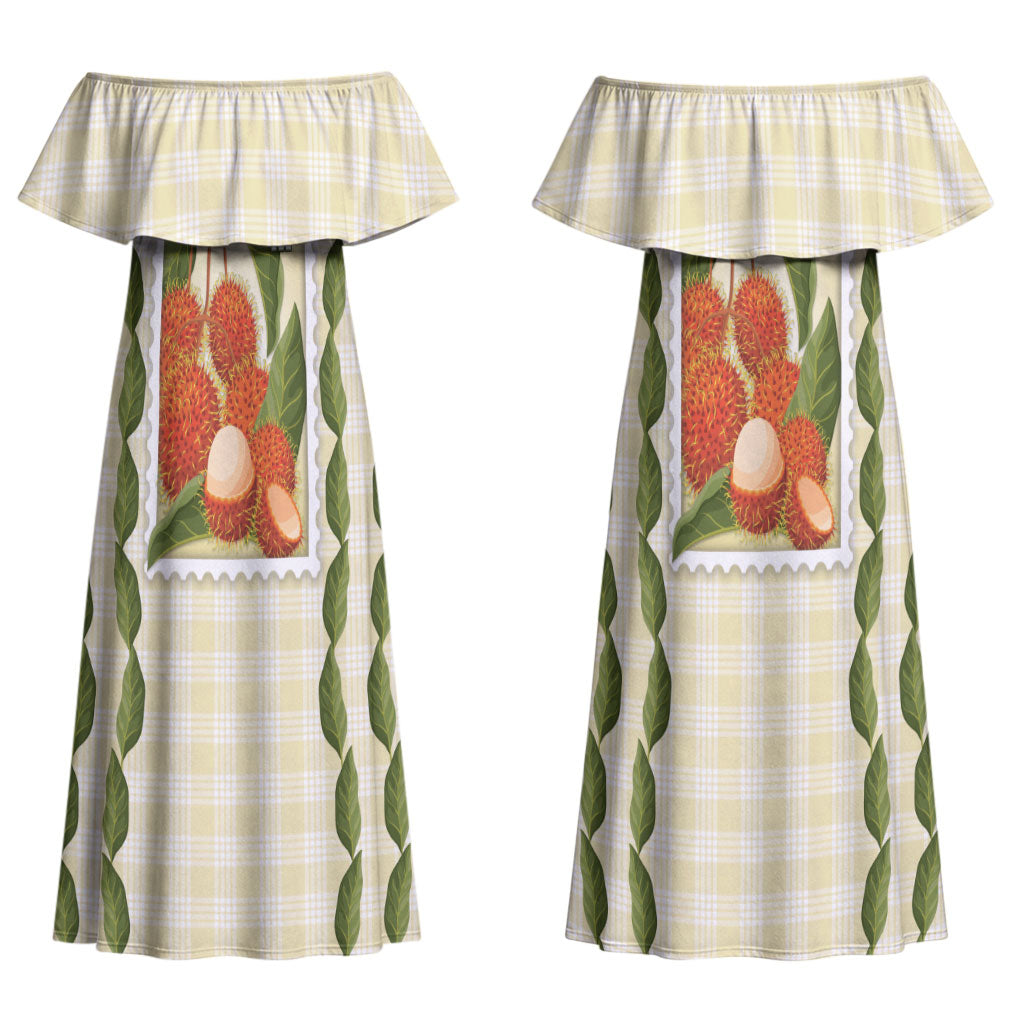Aloha Hawaii Rambutan Palaka Motifs Couples Matching Off Shoulder Maxi Dress and Hawaiian Shirt Hawaiian Fruit Stylized Stamp LT14 - Polynesian Pride