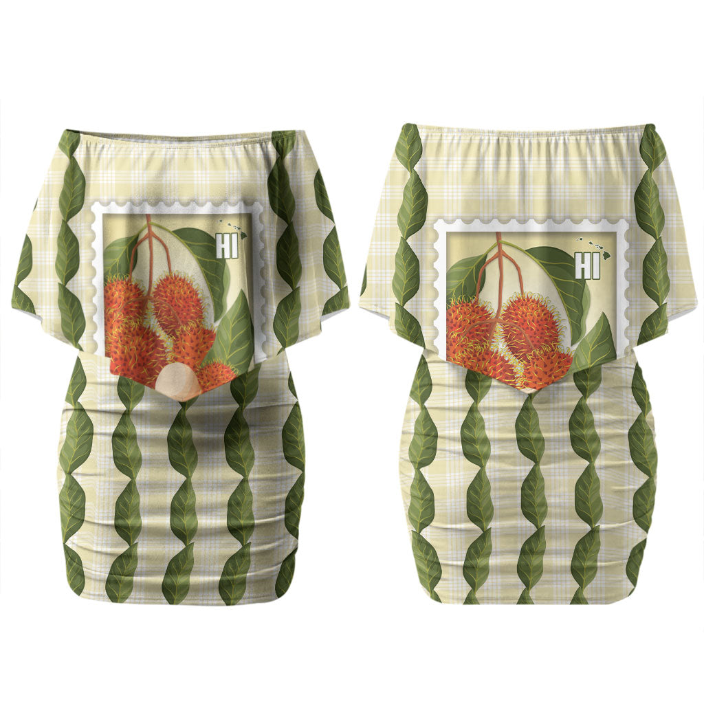 Aloha Hawaii Rambutan Palaka Motifs Couples Matching Off Shoulder Short Dress and Hawaiian Shirt Hawaiian Fruit Stylized Stamp LT14 - Polynesian Pride