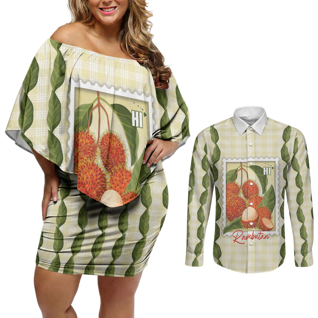 Aloha Hawaii Rambutan Palaka Motifs Couples Matching Off Shoulder Short Dress and Long Sleeve Button Shirt Hawaiian Fruit Stylized Stamp LT14 Yellow - Polynesian Pride