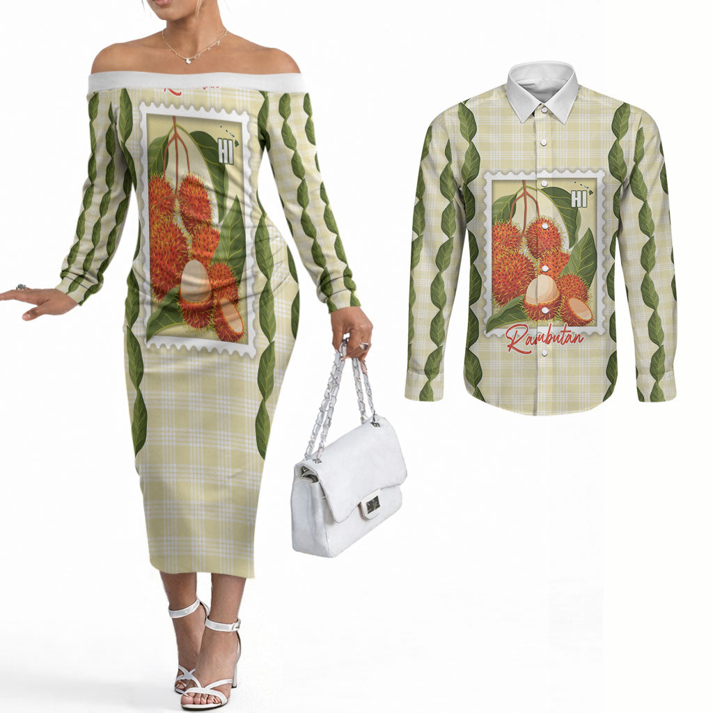Aloha Hawaii Rambutan Palaka Motifs Couples Matching Off The Shoulder Long Sleeve Dress and Long Sleeve Button Shirt Hawaiian Fruit Stylized Stamp LT14 Yellow - Polynesian Pride