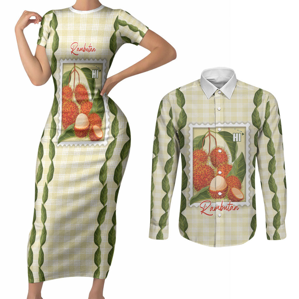 Aloha Hawaii Rambutan Palaka Motifs Couples Matching Short Sleeve Bodycon Dress and Long Sleeve Button Shirt Hawaiian Fruit Stylized Stamp LT14 Yellow - Polynesian Pride