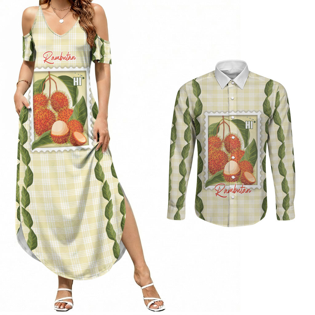 Aloha Hawaii Rambutan Palaka Motifs Couples Matching Summer Maxi Dress and Long Sleeve Button Shirt Hawaiian Fruit Stylized Stamp LT14 Yellow - Polynesian Pride