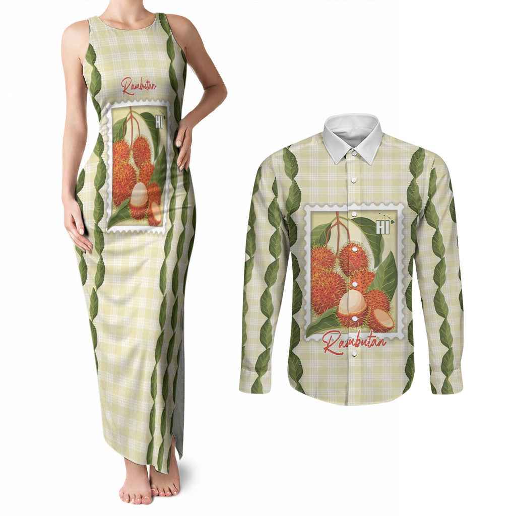 Aloha Hawaii Rambutan Palaka Motifs Couples Matching Tank Maxi Dress and Long Sleeve Button Shirt Hawaiian Fruit Stylized Stamp LT14 Yellow - Polynesian Pride