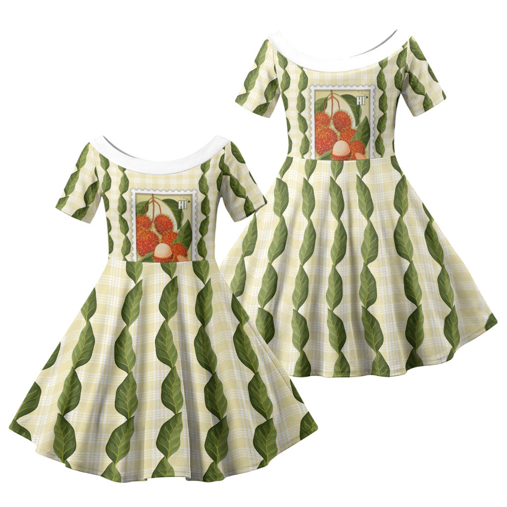 Aloha Hawaii Rambutan Palaka Motifs Family Matching Mermaid Dress and Hawaiian Shirt Hawaiian Fruit Stylized Stamp LT14 Daughter's Dress Yellow - Polynesian Pride