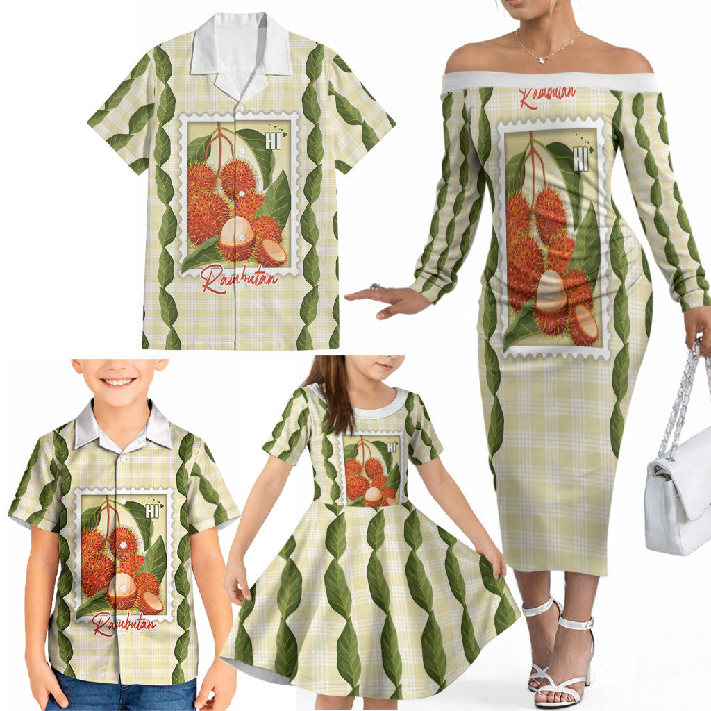 Aloha Hawaii Rambutan Palaka Motifs Family Matching Off The Shoulder Long Sleeve Dress and Hawaiian Shirt Hawaiian Fruit Stylized Stamp LT14 - Polynesian Pride