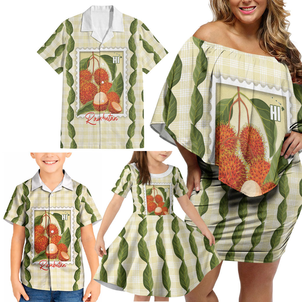 Aloha Hawaii Rambutan Palaka Motifs Family Matching Off Shoulder Short Dress and Hawaiian Shirt Hawaiian Fruit Stylized Stamp LT14 - Polynesian Pride
