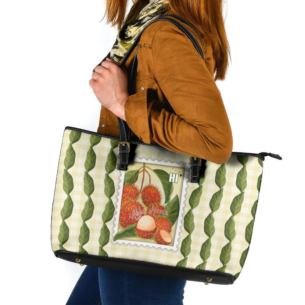 Aloha Hawaii Rambutan Palaka Motifs Leather Tote Bag Hawaiian Fruit Stylized Stamp