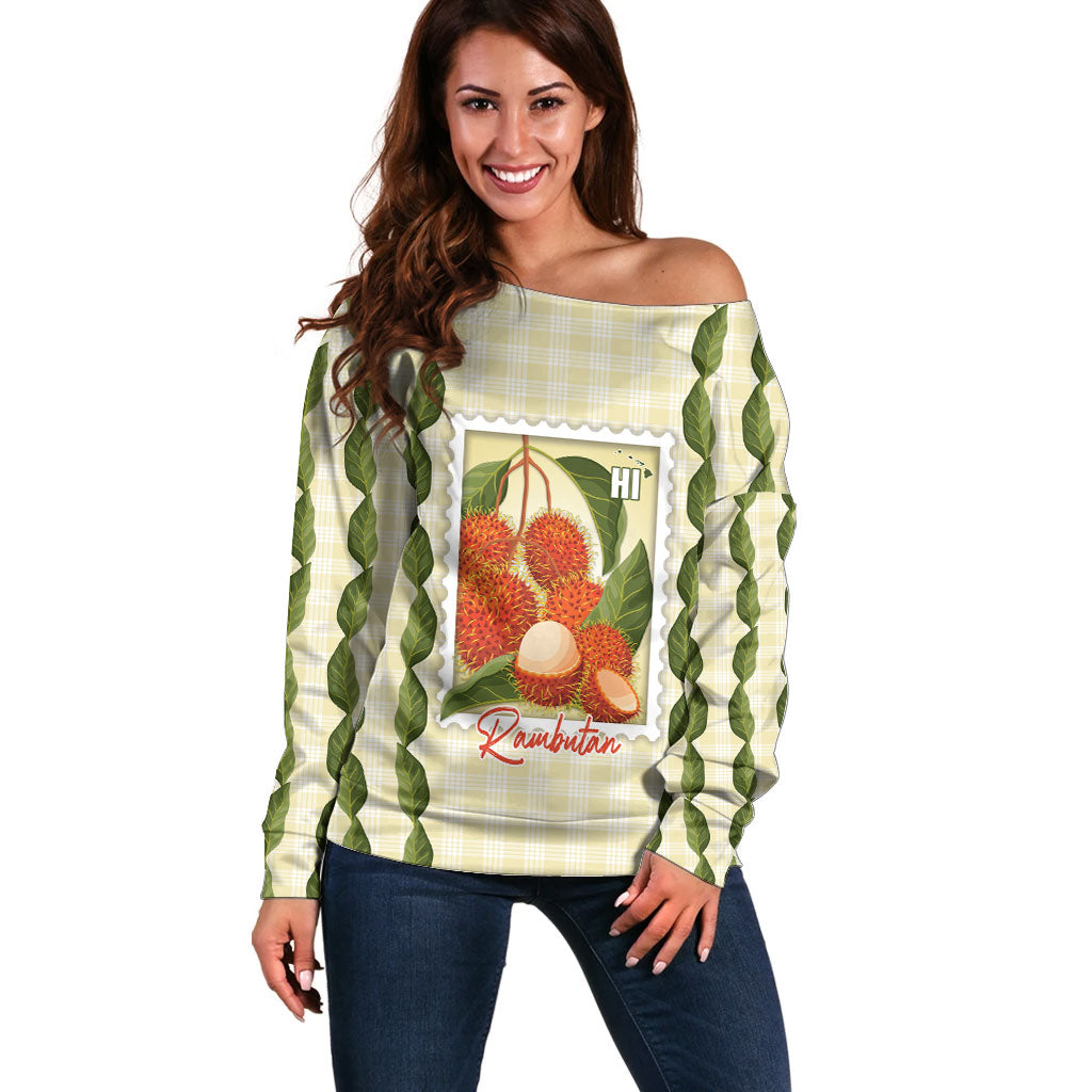 Aloha Hawaii Rambutan Palaka Motifs Off Shoulder Sweater Hawaiian Fruit Stylized Stamp