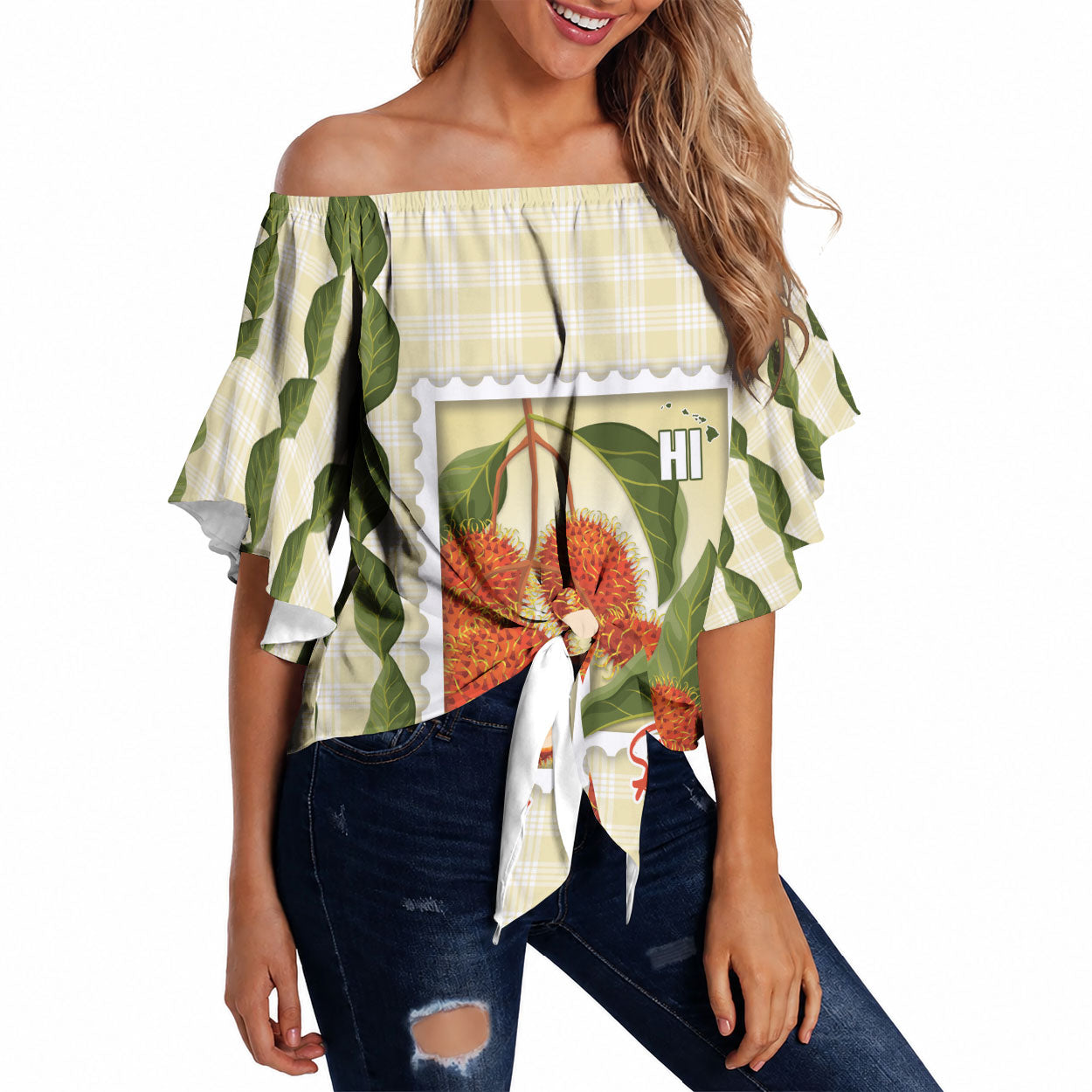 Aloha Hawaii Rambutan Palaka Motifs Off Shoulder Wrap Waist Top Hawaiian Fruit Stylized Stamp LT14 Yellow - Polynesian Pride