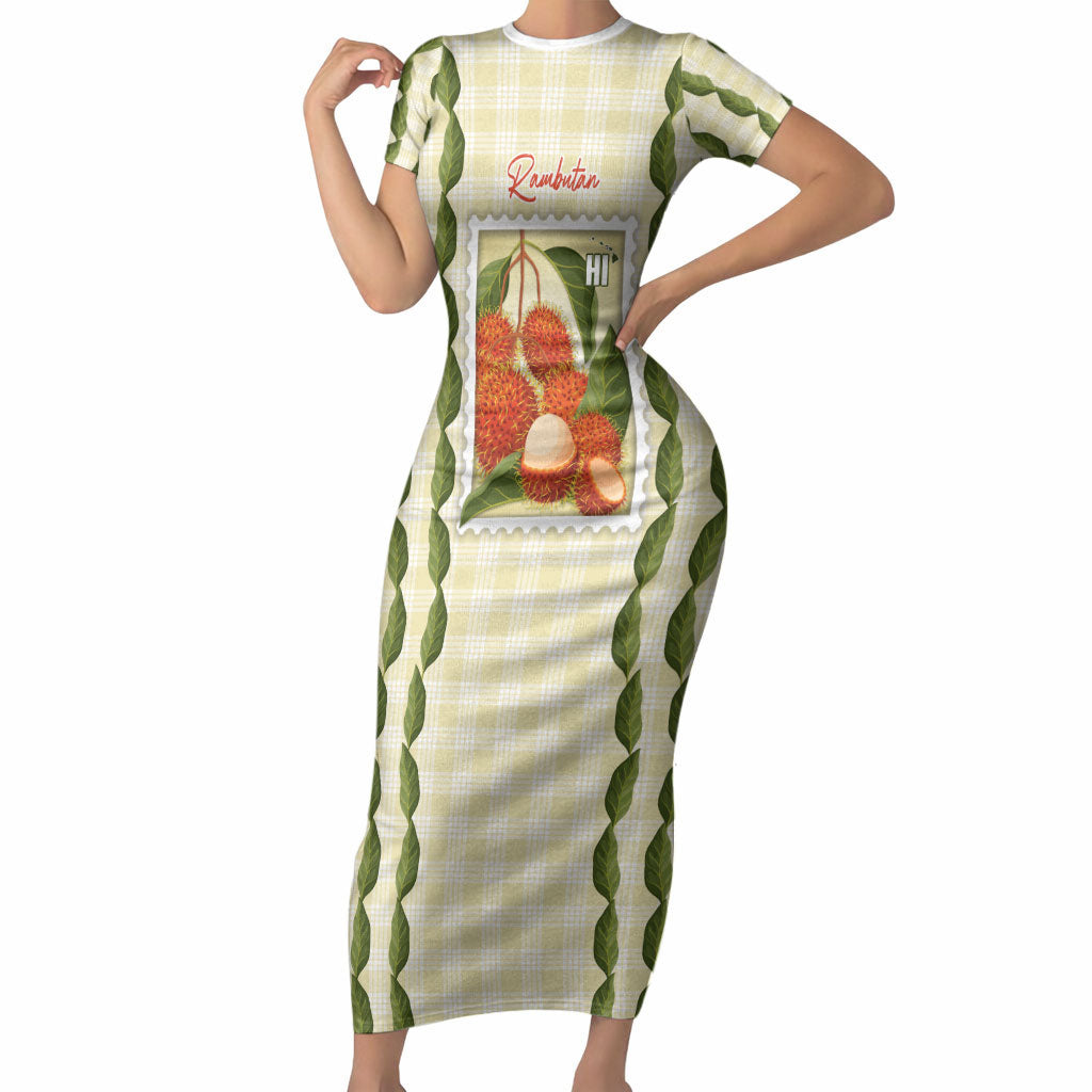 Aloha Hawaii Rambutan Palaka Motifs Short Sleeve Bodycon Dress Hawaiian Fruit Stylized Stamp