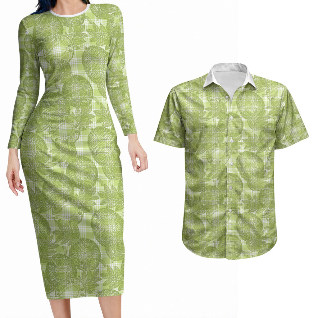 Omaomao Hawaii Breadfruit Palaka Motifs Couples Matching Long Sleeve Bodycon Dress and Hawaiian Shirt LT14 Green - Polynesian Pride