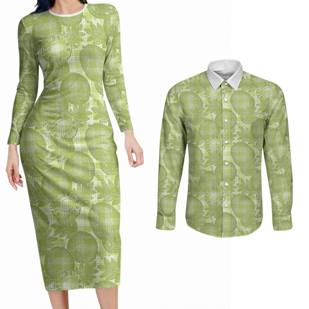 Omaomao Hawaii Breadfruit Palaka Motifs Couples Matching Long Sleeve Bodycon Dress and Long Sleeve Button Shirt LT14 Green - Polynesian Pride