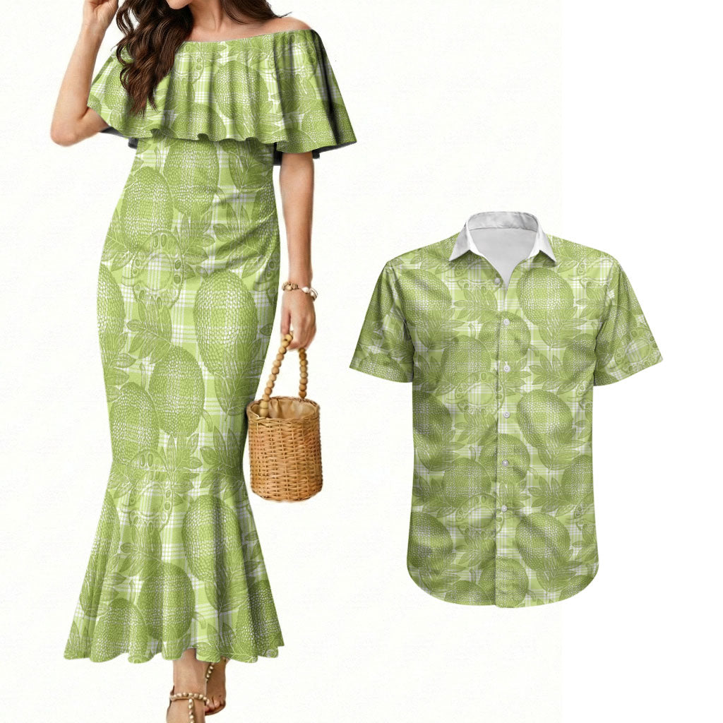 Omaomao Hawaii Breadfruit Palaka Motifs Couples Matching Mermaid Dress and Hawaiian Shirt LT14 Green - Polynesian Pride