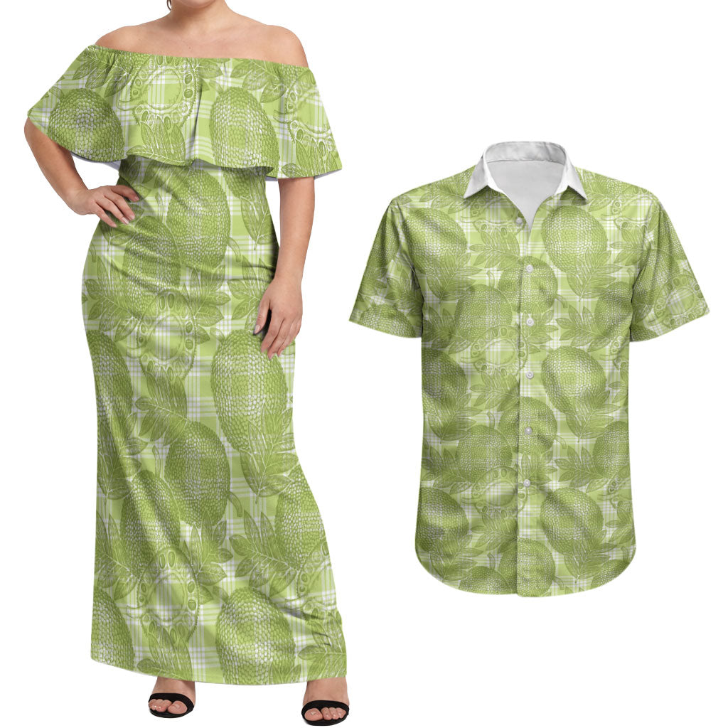 Omaomao Hawaii Breadfruit Palaka Motifs Couples Matching Off Shoulder Maxi Dress and Hawaiian Shirt LT14 Green - Polynesian Pride