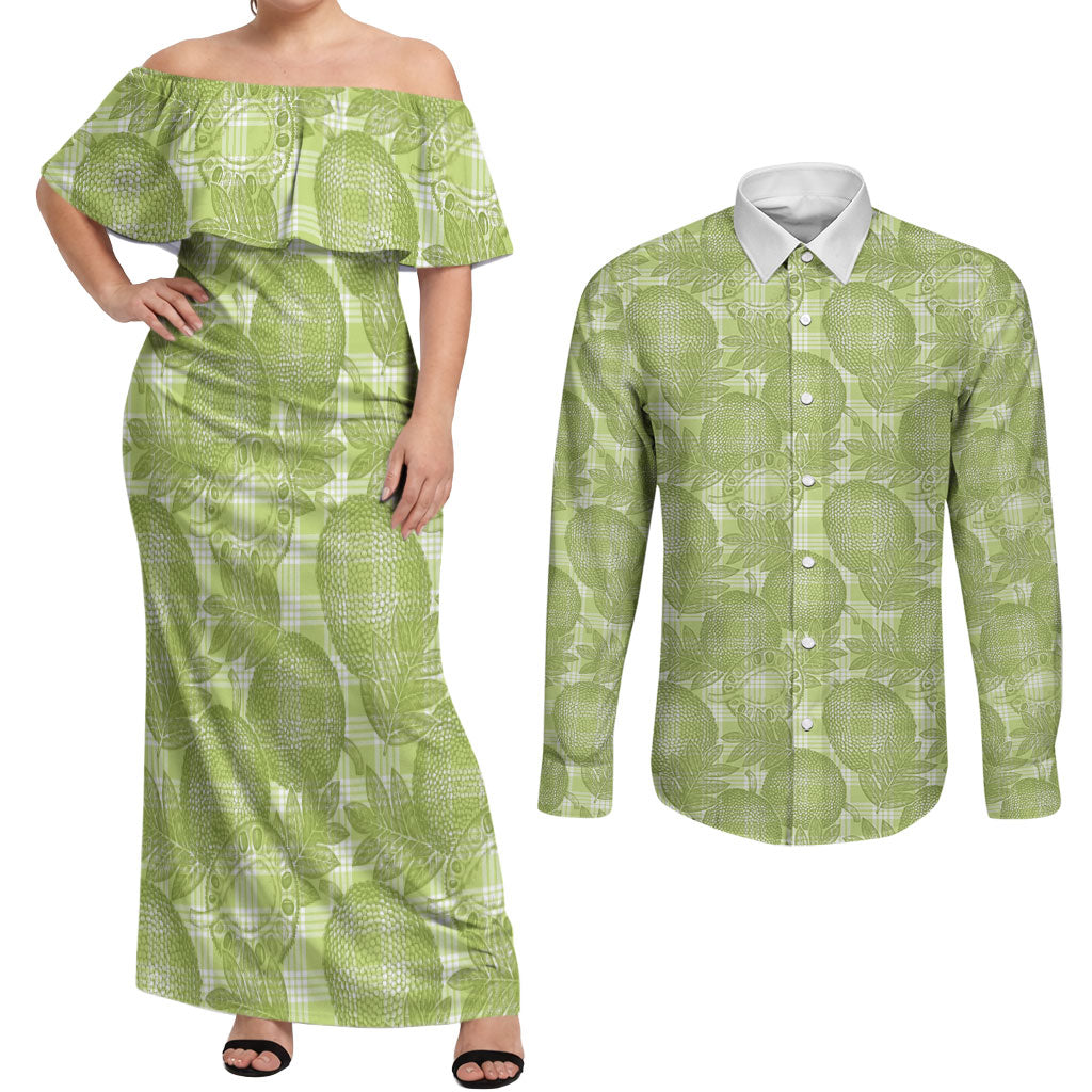 Omaomao Hawaii Breadfruit Palaka Motifs Couples Matching Off Shoulder Maxi Dress and Long Sleeve Button Shirt LT14 Green - Polynesian Pride