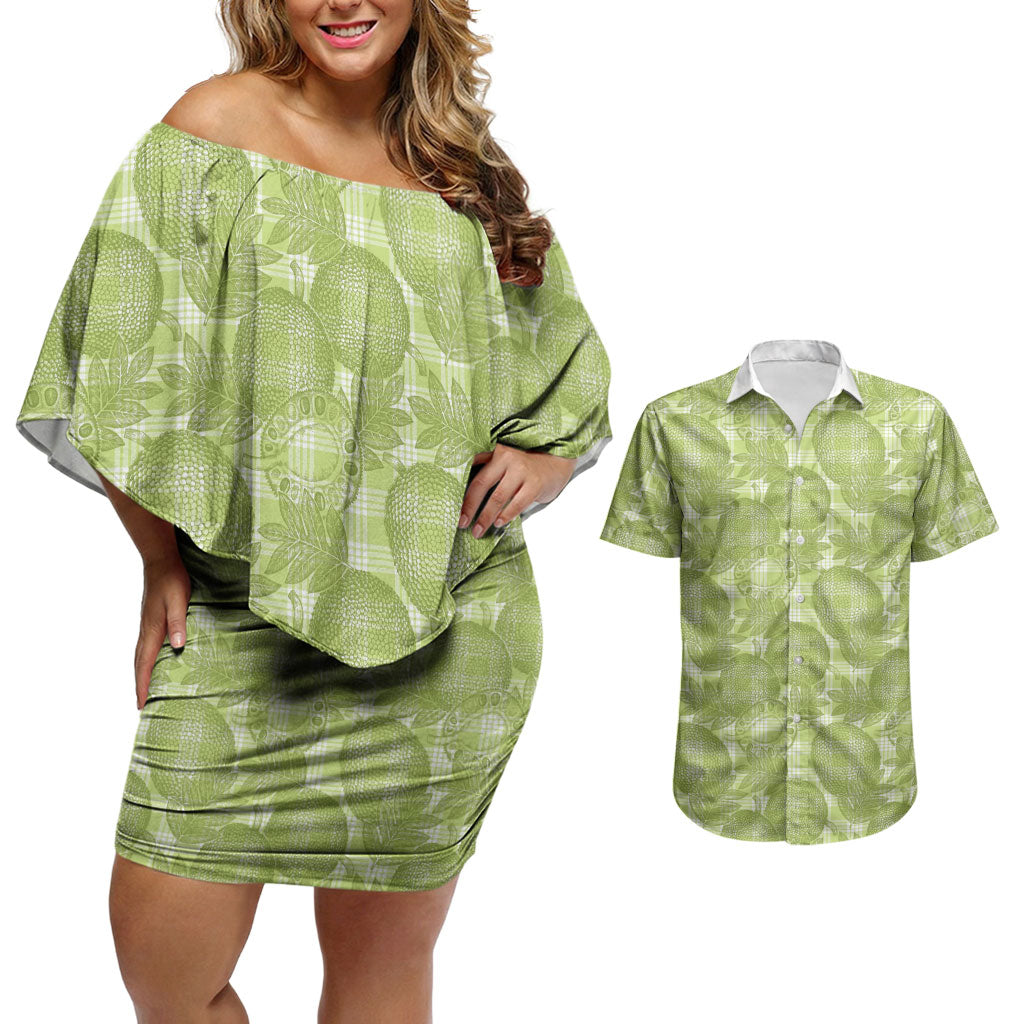 Omaomao Hawaii Breadfruit Palaka Motifs Couples Matching Off Shoulder Short Dress and Hawaiian Shirt LT14 Green - Polynesian Pride
