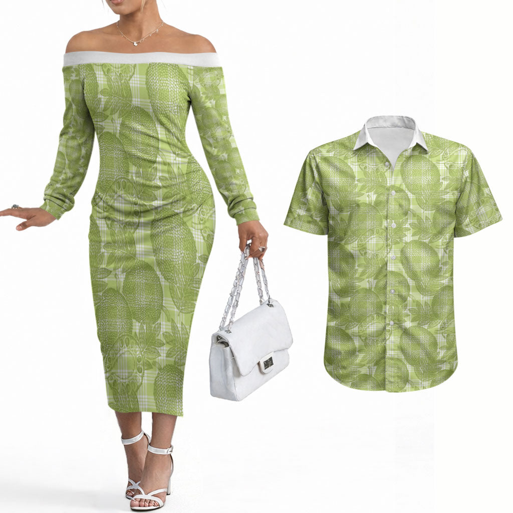 Omaomao Hawaii Breadfruit Palaka Motifs Couples Matching Off The Shoulder Long Sleeve Dress and Hawaiian Shirt LT14 Green - Polynesian Pride