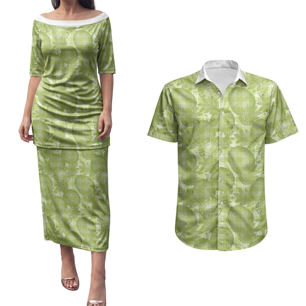 Omaomao Hawaii Breadfruit Palaka Motifs Couples Matching Puletasi and Hawaiian Shirt LT14 Green - Polynesian Pride