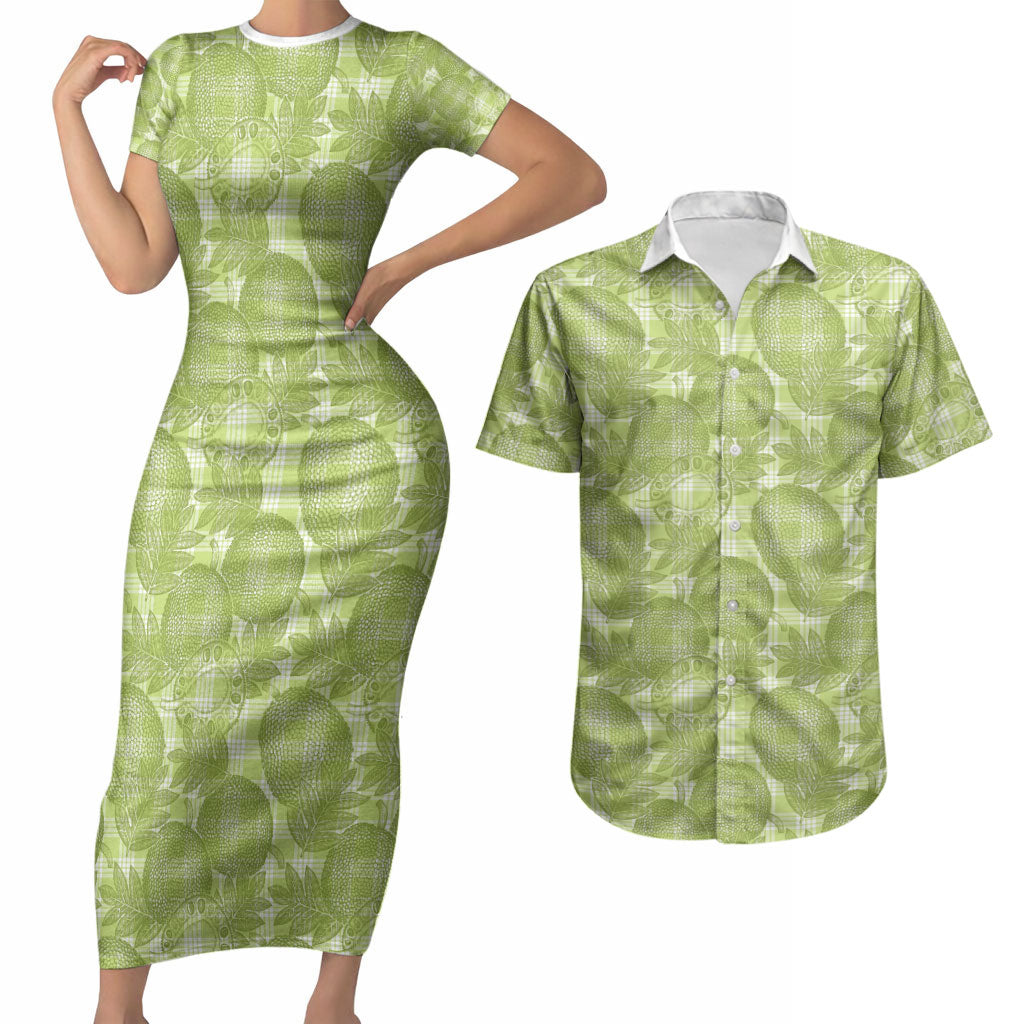 Omaomao Hawaii Breadfruit Palaka Motifs Couples Matching Short Sleeve Bodycon Dress and Hawaiian Shirt LT14 Green - Polynesian Pride