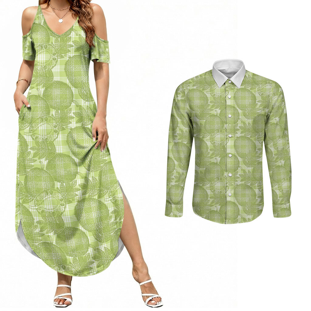 Omaomao Hawaii Breadfruit Palaka Motifs Couples Matching Summer Maxi Dress and Long Sleeve Button Shirt LT14 Green - Polynesian Pride