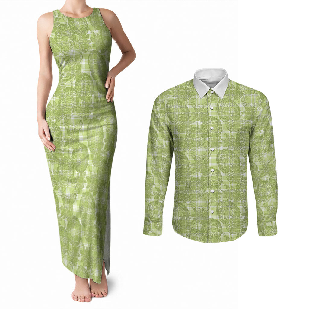 Omaomao Hawaii Breadfruit Palaka Motifs Couples Matching Tank Maxi Dress and Long Sleeve Button Shirt LT14 Green - Polynesian Pride