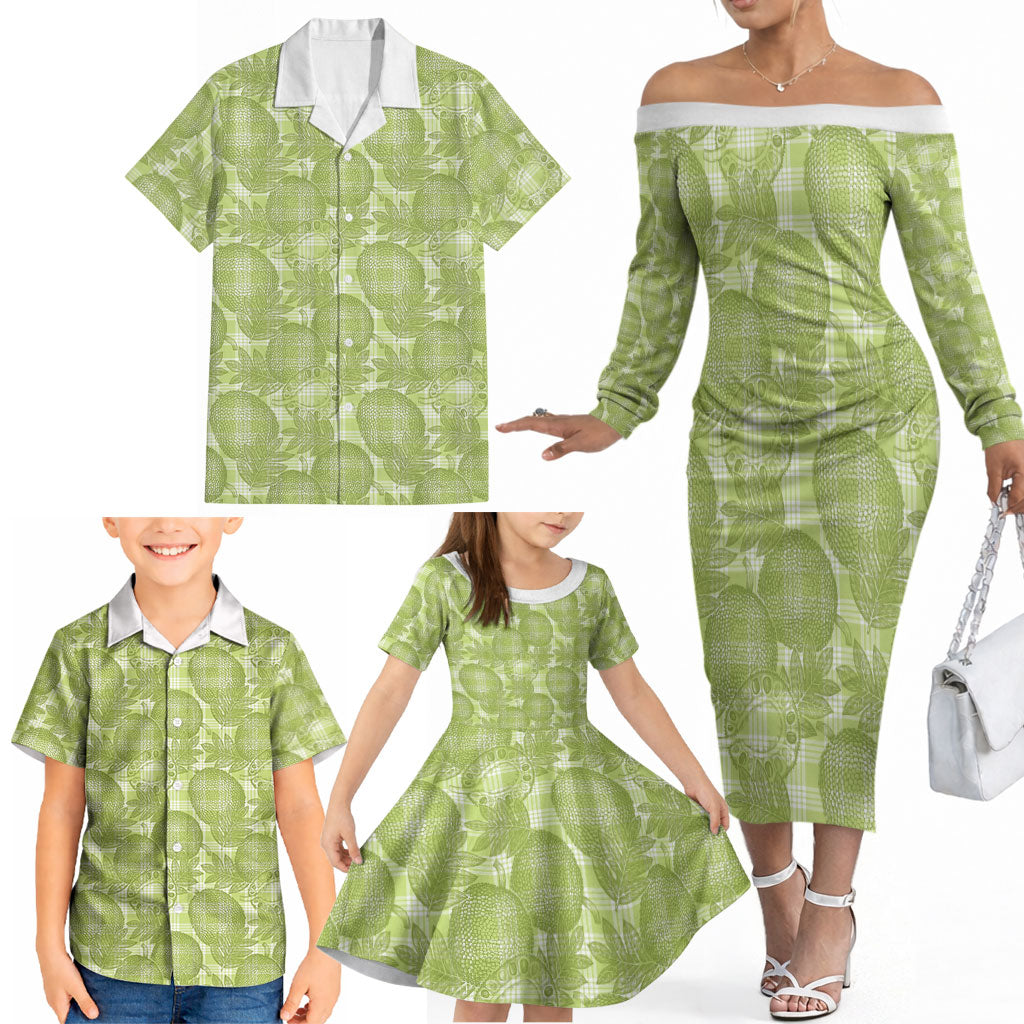 Omaomao Hawaii Breadfruit Palaka Motifs Family Matching Off The Shoulder Long Sleeve Dress and Hawaiian Shirt LT14 - Polynesian Pride