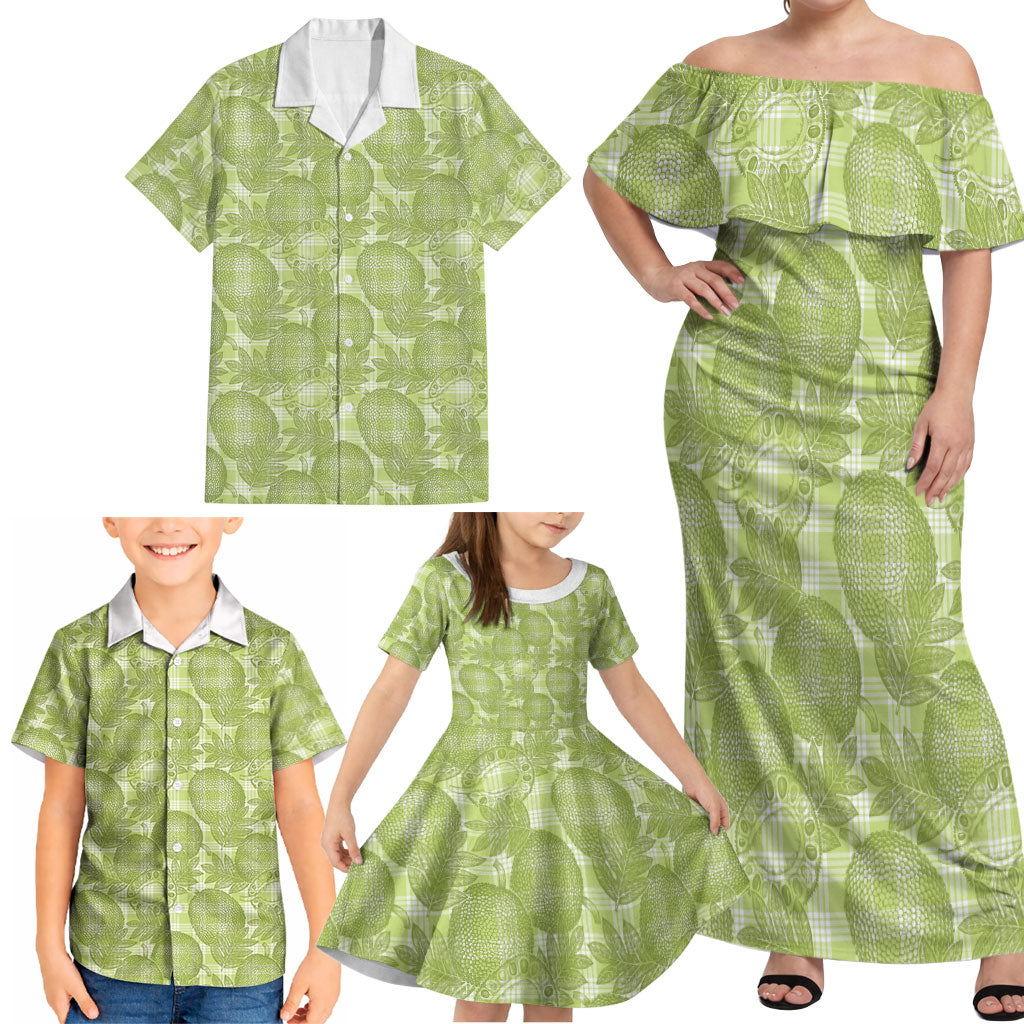 Omaomao Hawaii Breadfruit Palaka Motifs Family Matching Off Shoulder Maxi Dress and Hawaiian Shirt LT14 - Polynesian Pride