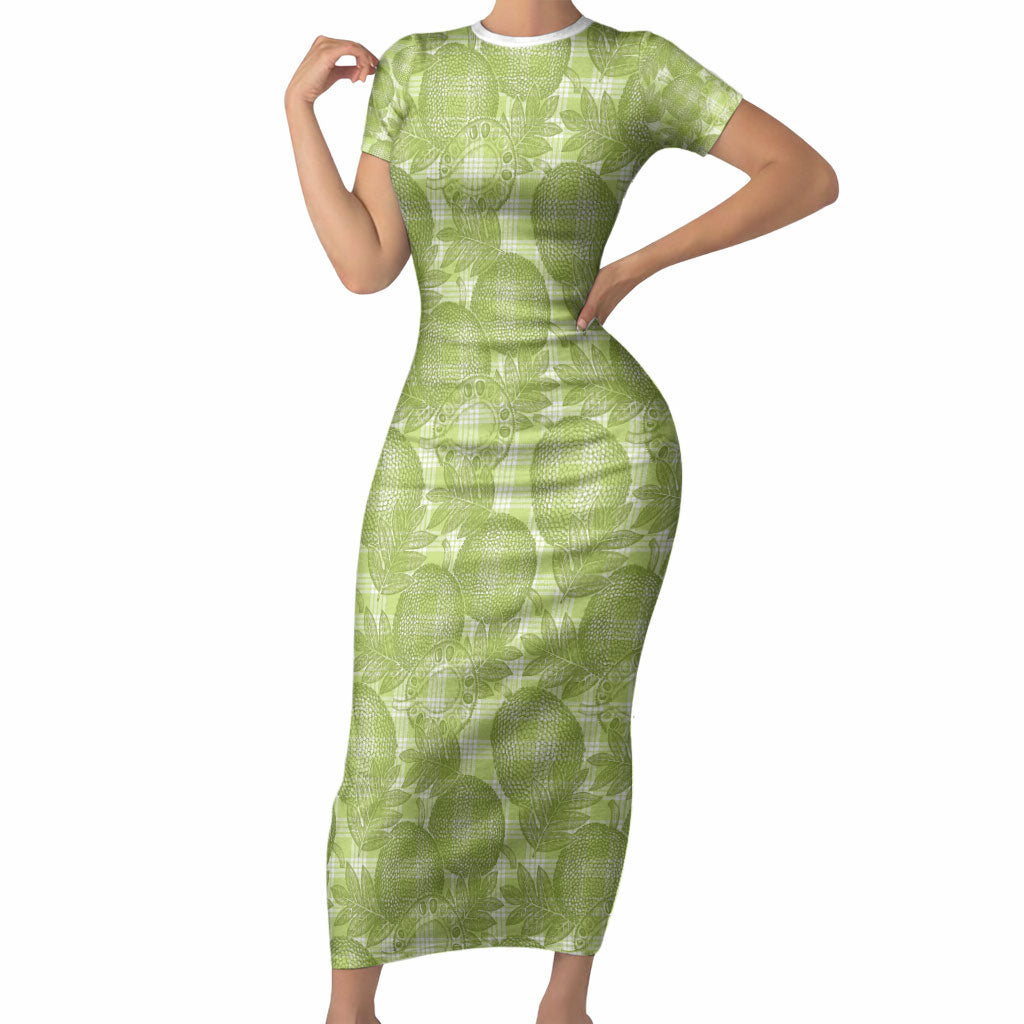 Omaomao Hawaii Breadfruit Palaka Motifs Short Sleeve Bodycon Dress