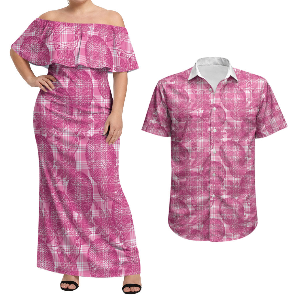 Alaka Hawaii Breadfruit Palaka Motifs Couples Matching Off Shoulder Maxi Dress and Hawaiian Shirt LT14 Pink - Polynesian Pride