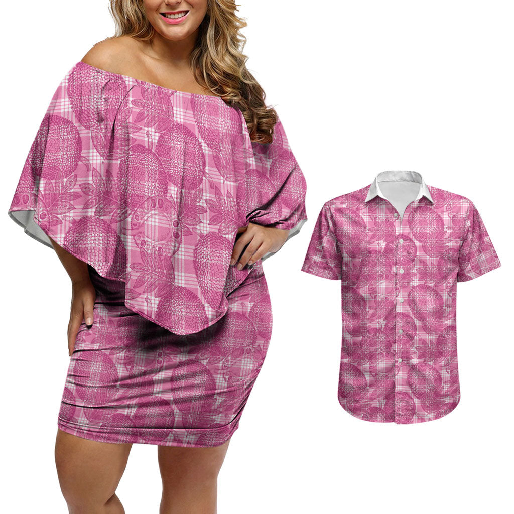 Alaka Hawaii Breadfruit Palaka Motifs Couples Matching Off Shoulder Short Dress and Hawaiian Shirt LT14 Pink - Polynesian Pride