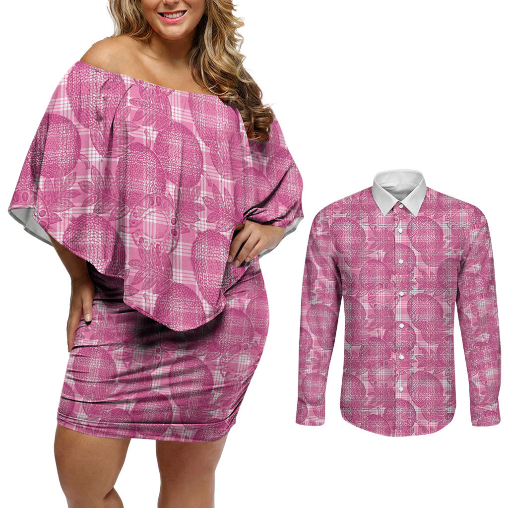 Alaka Hawaii Breadfruit Palaka Motifs Couples Matching Off Shoulder Short Dress and Long Sleeve Button Shirt LT14 Pink - Polynesian Pride