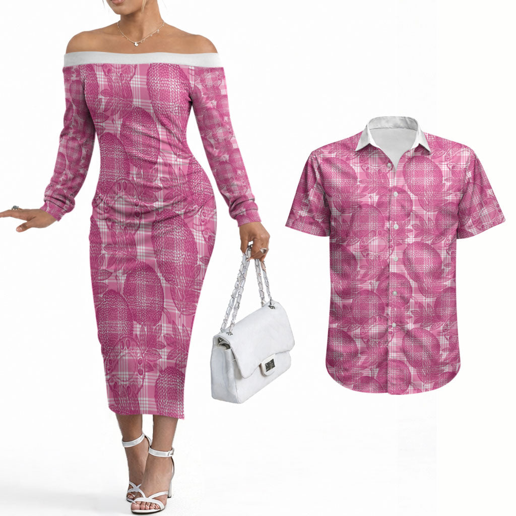 Alaka Hawaii Breadfruit Palaka Motifs Couples Matching Off The Shoulder Long Sleeve Dress and Hawaiian Shirt LT14 Pink - Polynesian Pride
