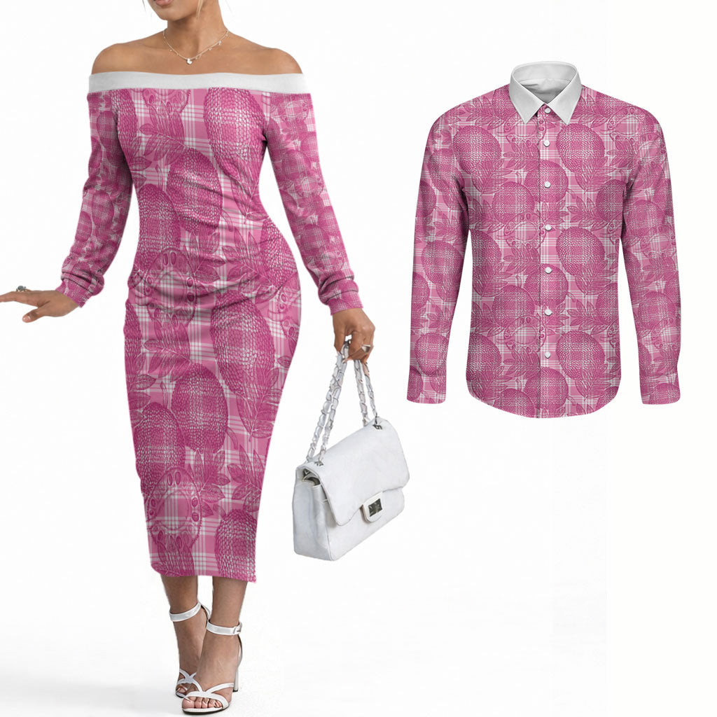 Alaka Hawaii Breadfruit Palaka Motifs Couples Matching Off The Shoulder Long Sleeve Dress and Long Sleeve Button Shirt LT14 Pink - Polynesian Pride