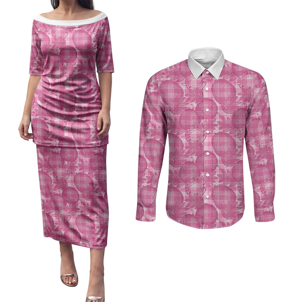 Alaka Hawaii Breadfruit Palaka Motifs Couples Matching Puletasi and Long Sleeve Button Shirt LT14 Pink - Polynesian Pride