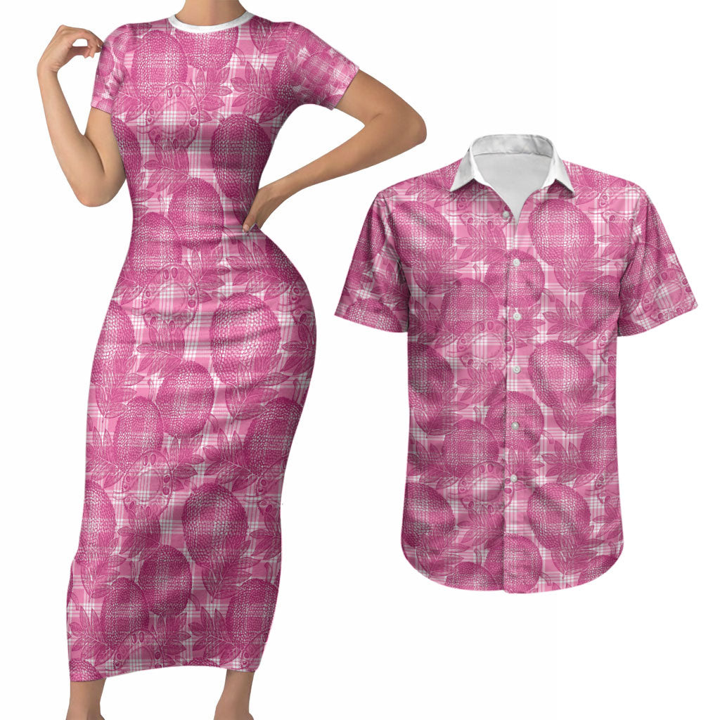 Alaka Hawaii Breadfruit Palaka Motifs Couples Matching Short Sleeve Bodycon Dress and Hawaiian Shirt LT14 Pink - Polynesian Pride