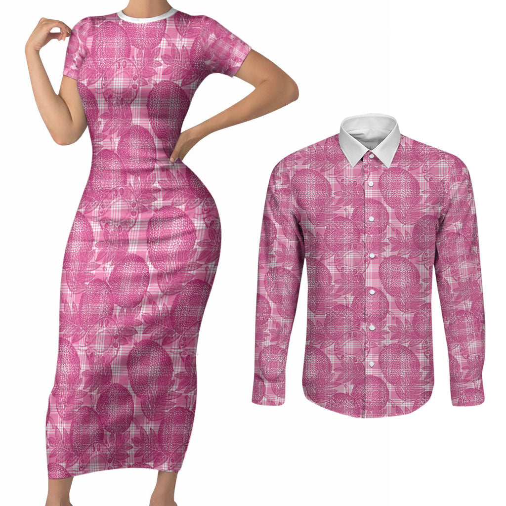 Alaka Hawaii Breadfruit Palaka Motifs Couples Matching Short Sleeve Bodycon Dress and Long Sleeve Button Shirt LT14 Pink - Polynesian Pride
