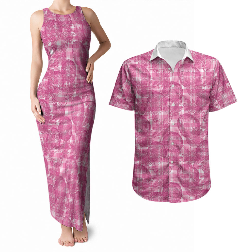 Alaka Hawaii Breadfruit Palaka Motifs Couples Matching Tank Maxi Dress and Hawaiian Shirt LT14 Pink - Polynesian Pride