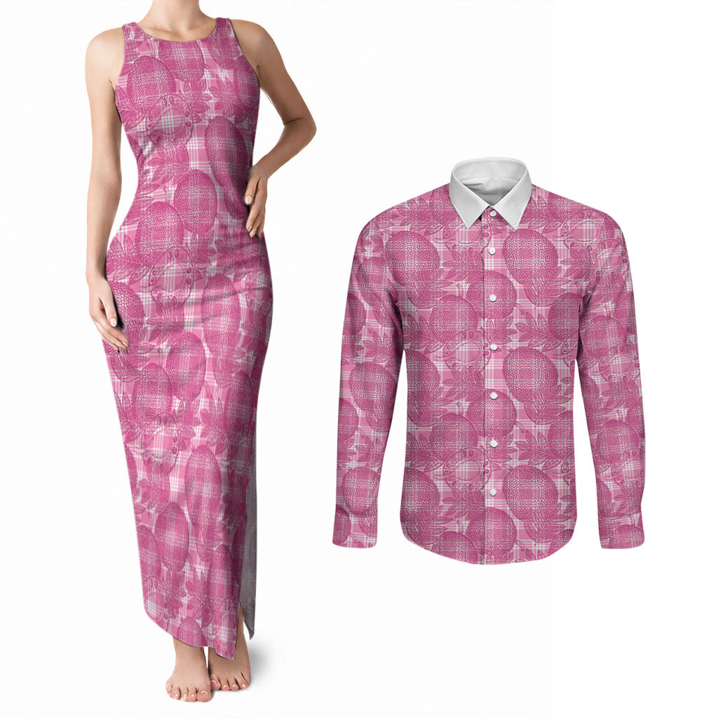 Alaka Hawaii Breadfruit Palaka Motifs Couples Matching Tank Maxi Dress and Long Sleeve Button Shirt LT14 Pink - Polynesian Pride