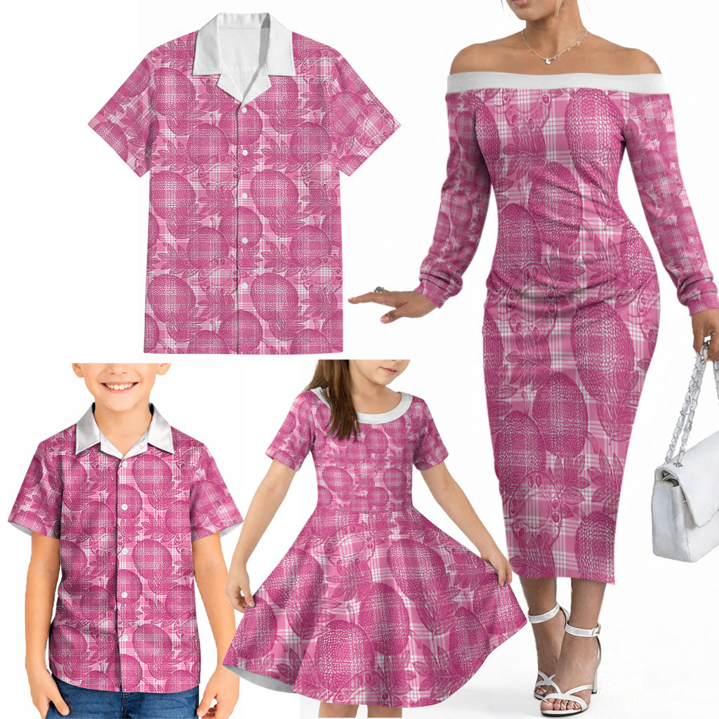 Alaka Hawaii Breadfruit Palaka Motifs Family Matching Off The Shoulder Long Sleeve Dress and Hawaiian Shirt LT14 - Polynesian Pride