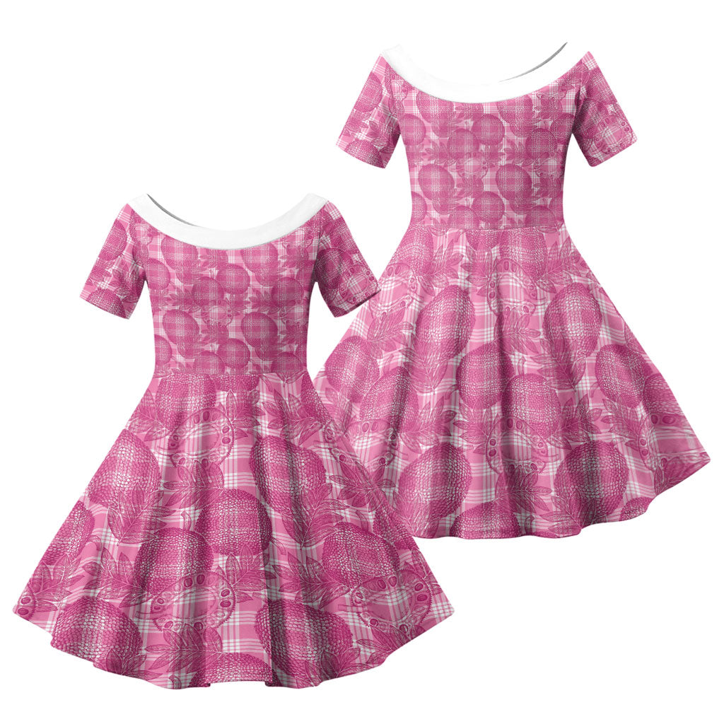 Alaka Hawaii Breadfruit Palaka Motifs Family Matching Short Sleeve Bodycon Dress and Hawaiian Shirt LT14 Daughter's Dress Pink - Polynesian Pride