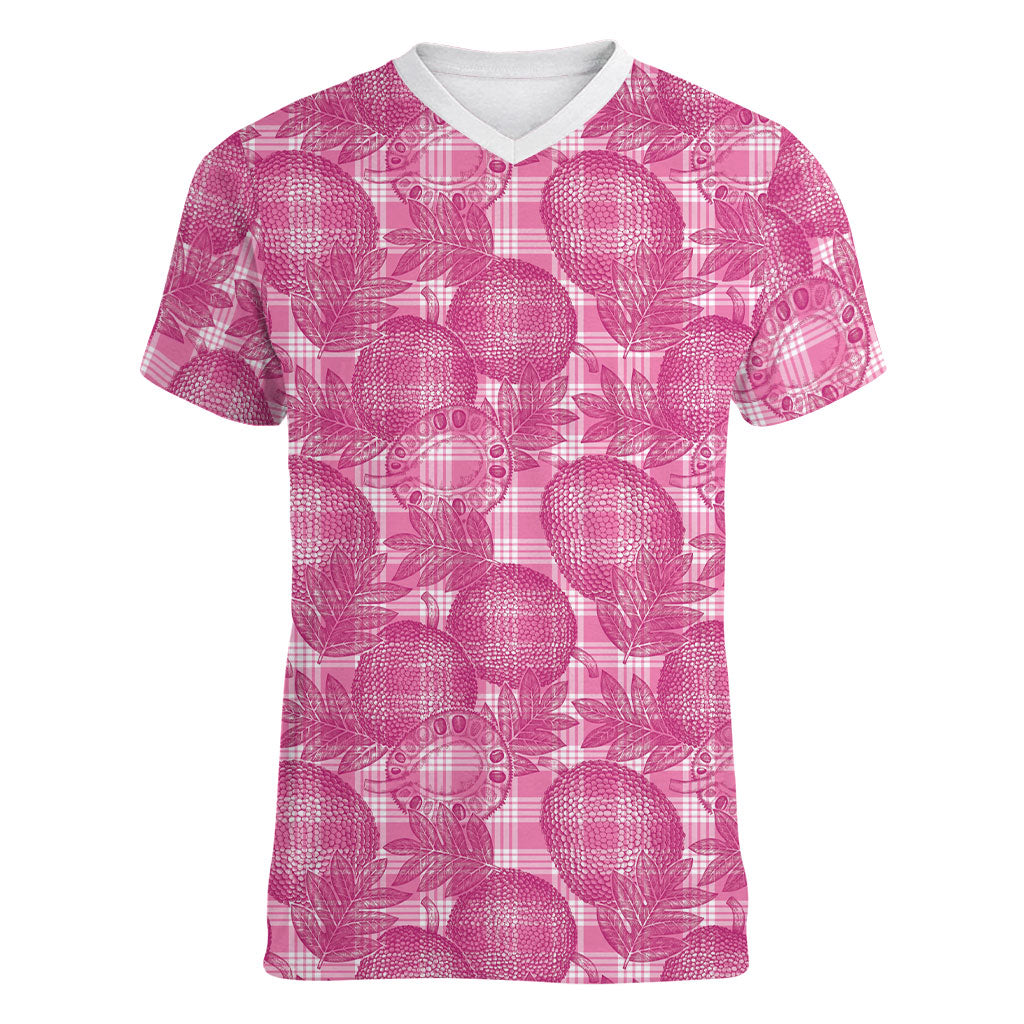 Alaka Hawaii Breadfruit Palaka Motifs Women V-Neck T-Shirt LT14 Female Pink - Polynesian Pride