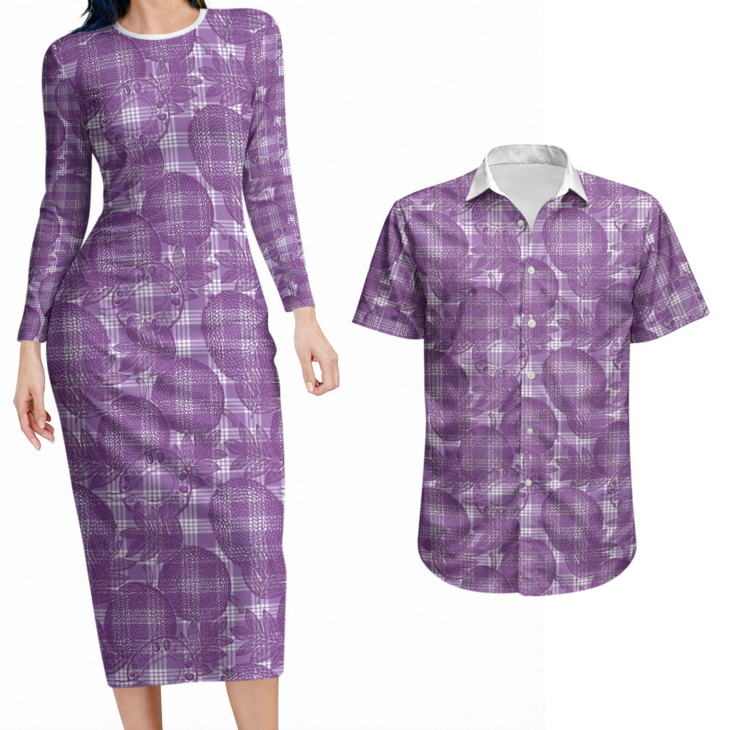Poni Hawaii Breadfruit Palaka Motifs Couples Matching Long Sleeve Bodycon Dress and Hawaiian Shirt LT14 Purple - Polynesian Pride